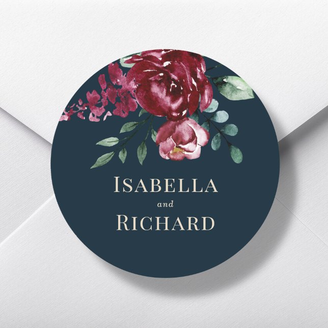Navy Blue | Burgundy Floral Wedding  Classic Round Sticker (Creator Uploaded)