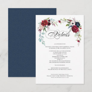 Navy Blue   Burgundy Floral Wedding Detail Cards