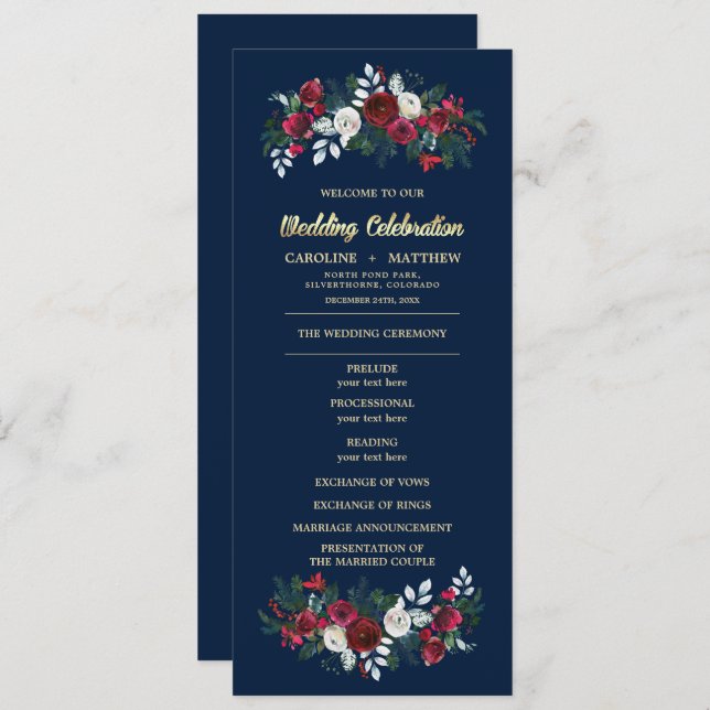 Navy Blue Burgundy Floral Wedding Flat Programs (Front/Back)
