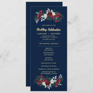 Navy Blue Burgundy Floral Wedding Flat Programs