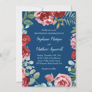 Navy Blue Burgundy Floral Wedding Invitation