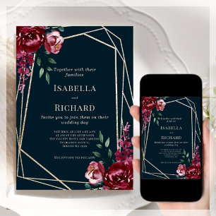 Navy Blue   Burgundy Floral Wedding Invitation