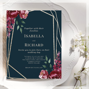 Navy Blue   Burgundy Floral Wedding Invitation