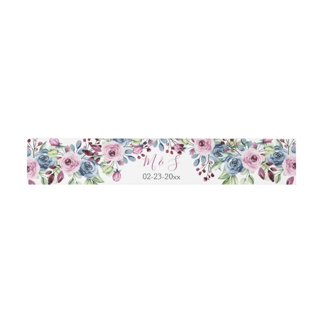 Navy Blue Burgundy Floral Wedding  Invitation Belly Band (Flat)