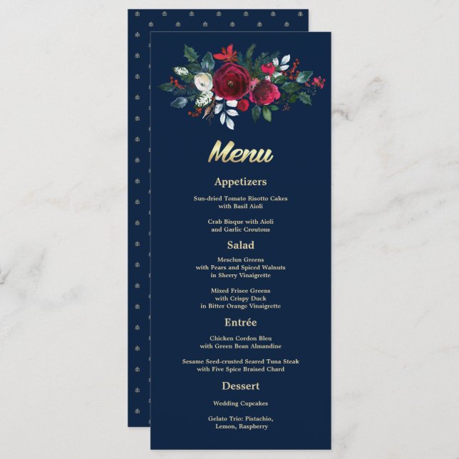 Navy Blue Burgundy Floral Wedding Menu Cards (Front/Back)