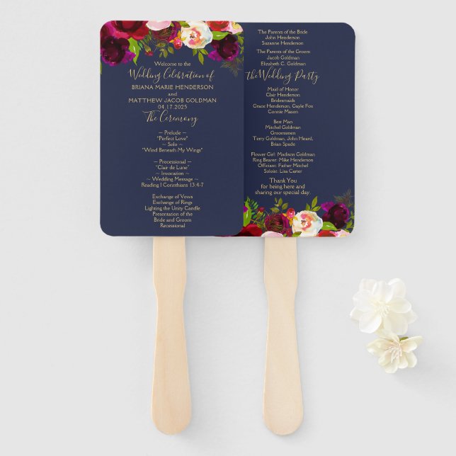 Navy Blue Burgundy Floral Wedding Program Hand Fan (Front and Back)
