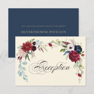 Navy Blue   Burgundy Floral Wedding Reception Card