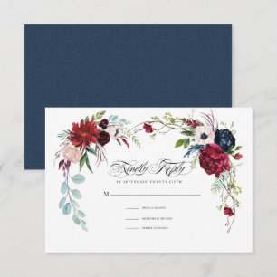 Navy Blue   Burgundy Floral Wedding RSVP Card