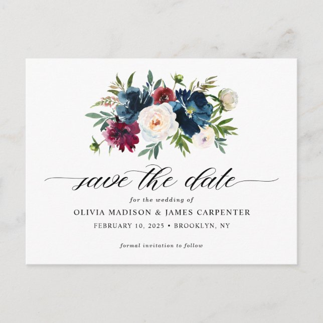 Navy Blue Burgundy Floral Wedding Save the Date Announcement Postcard (Front)