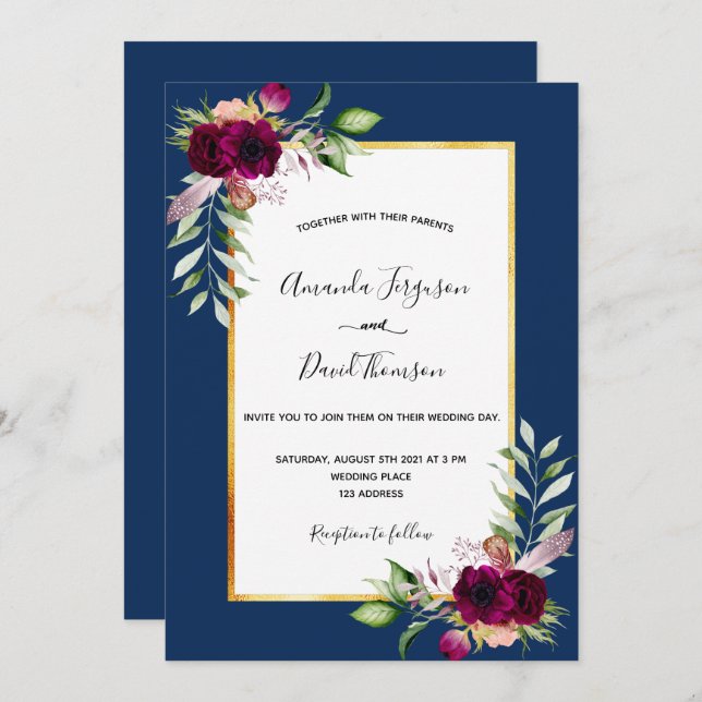 Navy blue burgundy florals gold boho wedding invitation (Front/Back)