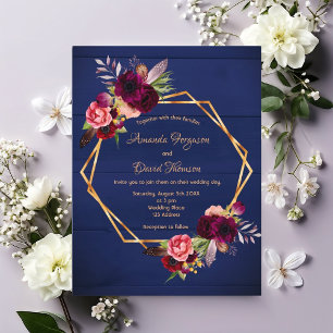Navy blue burgundy florals wedding invitation postcard