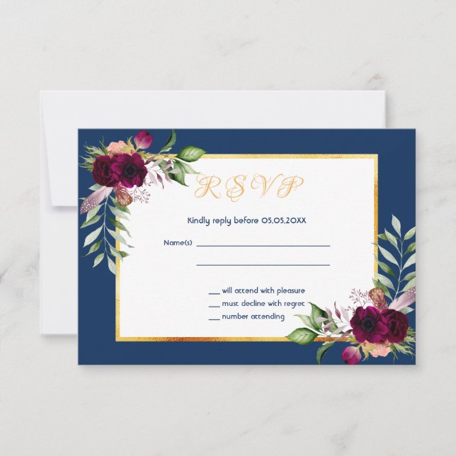 Navy blue burgundy florals wedding RSVP card (Front)