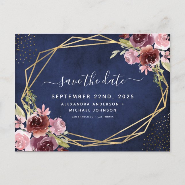 Navy Blue Burgundy Geometric Floral Save the Date Announcement Postcard (Front)