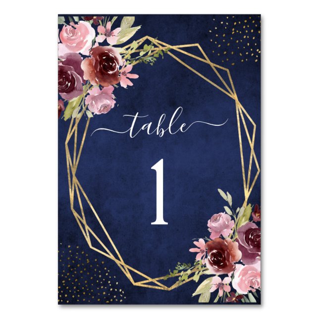 Navy Blue Burgundy Geometric Floral Wedding Table Number (Back)
