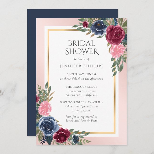 Navy Blue Burgundy Gold Blush Floral Bridal Shower Invitation (Front/Back)