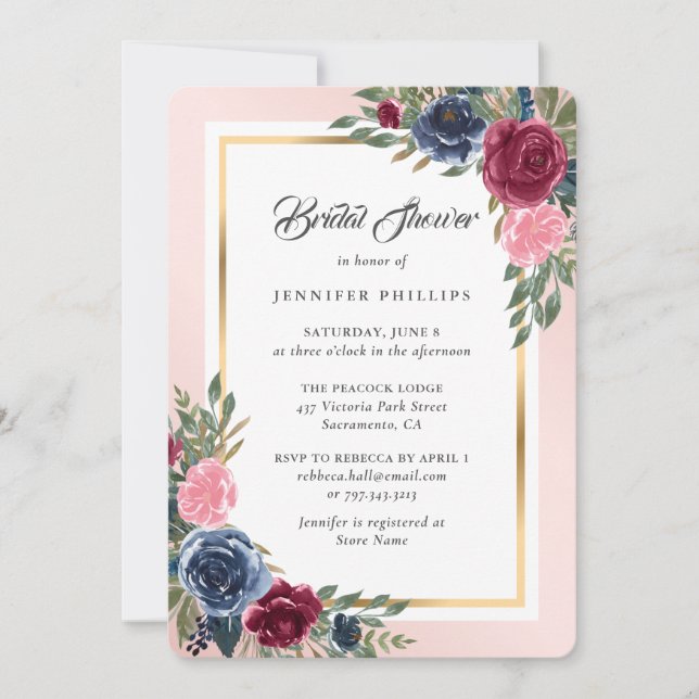 Navy Blue Burgundy Gold Blush Floral Bridal Shower Invitation (Front)
