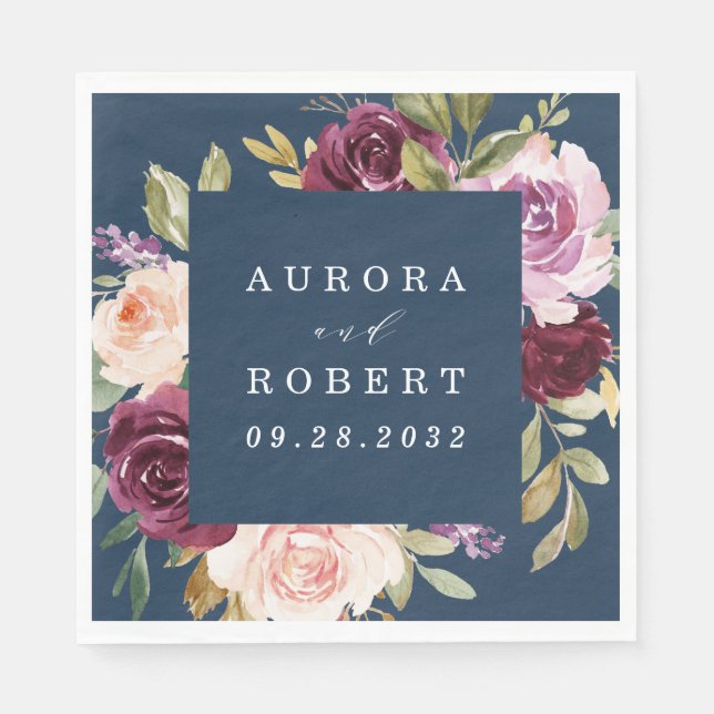 Navy Blue Burgundy Gold Blush Pink Floral Wedding Napkin (Front)