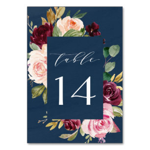 Navy Blue Burgundy Gold Blush Pink Floral Wedding Table Number