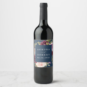Navy Blue Burgundy Gold Blush Pink Floral Wedding Wine Label