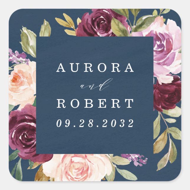 Navy Blue Burgundy Gold Blush Pink Wedding Favour Square Sticker (Front)