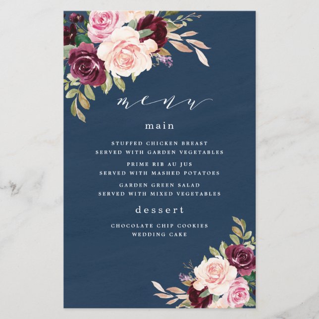 Navy Blue Burgundy Gold Blush Wedding Menu Cards (Front)