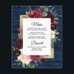 Navy Blue Burgundy Gold Blush Wedding Menu Cards<br><div class="desc">Design features a dark navy blue barn wood grain plank background decorated with an elegant floral wreath of peony rose flowers, eucalyptus greenery and more in shades of burgundy, Marsala red, maroon, blush pink etc. Design also features a printed gold coloured border underneath the floral wreath for a modern look....</div>