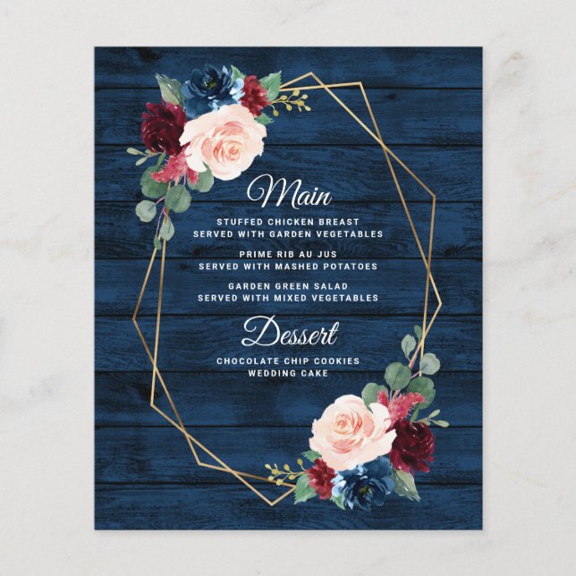 Navy Blue Burgundy Gold Blush Wedding Menu Cards (Front)