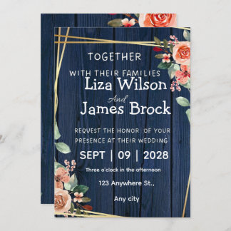 Navy Blue Burgundy Gold Blush wood Wedding Invitation