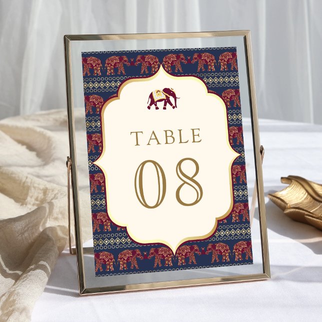 Navy Blue Burgundy Gold Elephant Indian Wedding Table Number (Creator Uploaded)