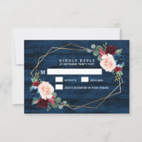 Navy Blue Burgundy Gold Pink Wedding RSVP Cards