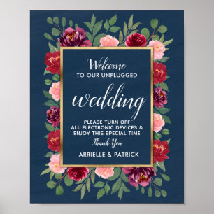 Navy Blue Burgundy Gold Unplugged Wedding Sign