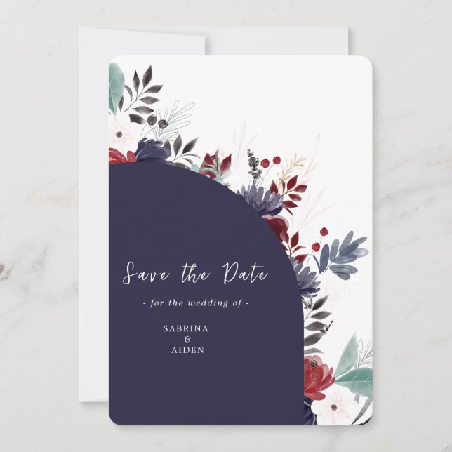 Navy Blue Burgundy Gothic Floral Wedding   Save The Date (Front)