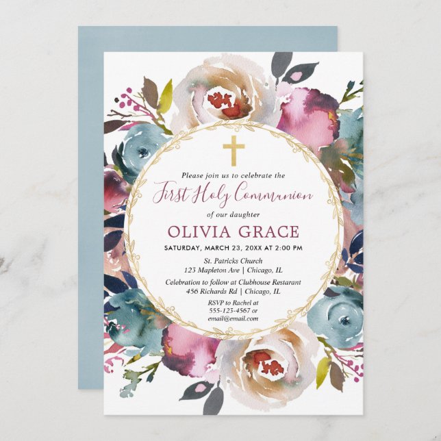 Navy blue burgundy merlot First Holy Communion Invitation (Front/Back)