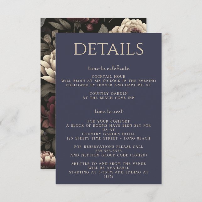Navy Blue & Burgundy Moody Floral Enclosure Card (Front/Back)
