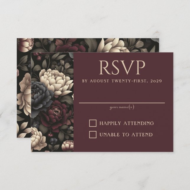 Navy Blue & Burgundy Moody Floral RSVP Card (Front/Back)