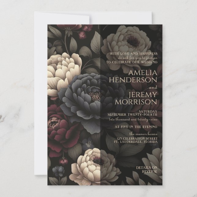 Navy Blue & Burgundy Moody Floral with QR Code Invitation (Front)