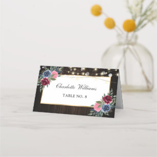 Navy Blue Burgundy Pink Floral Wedding Place Card