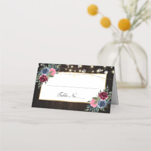 Navy Blue Burgundy Pink Floral Wedding Place Card