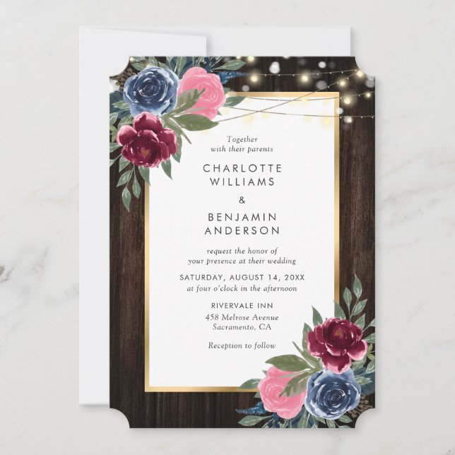 Navy Blue Burgundy Pink Gold Rustic Wood Floral Invitation (Front)