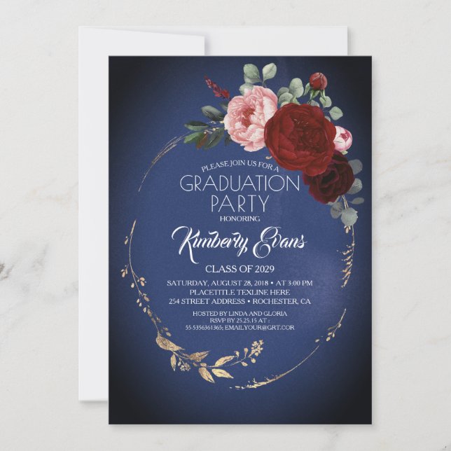 Navy Blue Burgundy Red and Gold Floral Graduation Invitation (Front)
