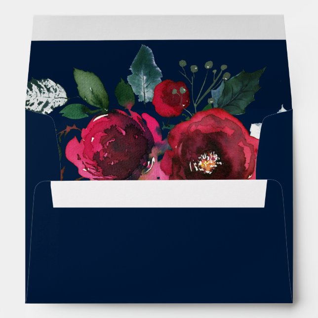 Navy Blue | Burgundy Red Bloom Wedding  Envelope (Back (Bottom))
