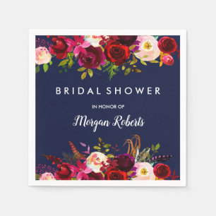 Navy Blue Burgundy Red Boho Floral Bridal Shower Napkin