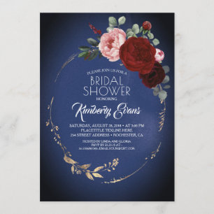 Navy Blue Burgundy Red Floral Bridal Shower Invitation