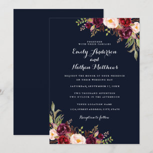 Navy Blue Burgundy Red Floral Wedding Invitation