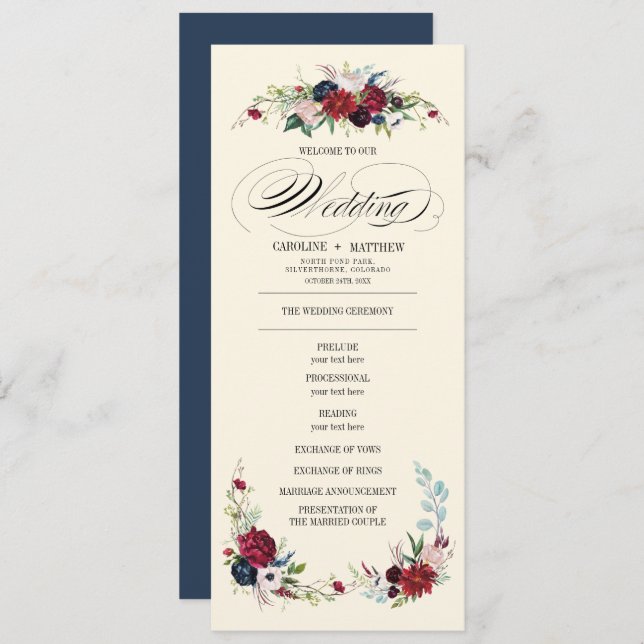Navy Blue | Burgundy Red Floral Wedding Program (Front/Back)