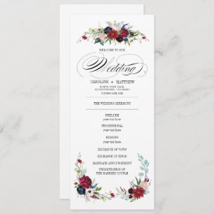 Navy Blue   Burgundy Red Floral Wedding Program