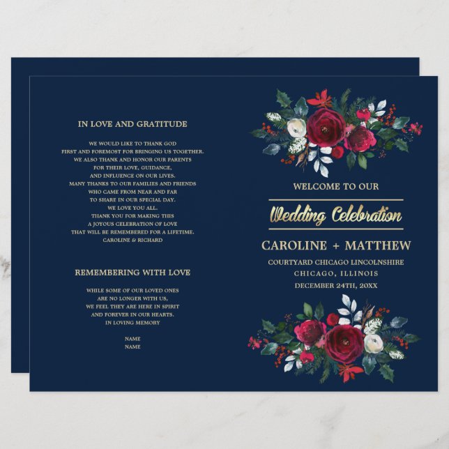 Navy Blue | Burgundy Red Floral Wedding Programs (Front/Back)