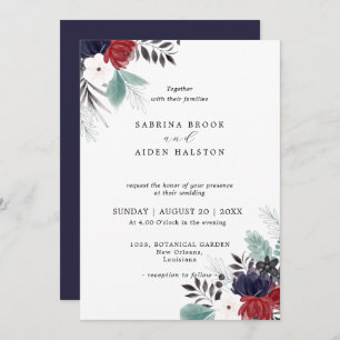 Navy Blue Burgundy Red Gothic Floral Wedding  Invitation