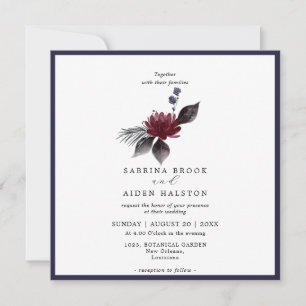 Navy Blue Burgundy Red Gothic Floral Wedding Invitation