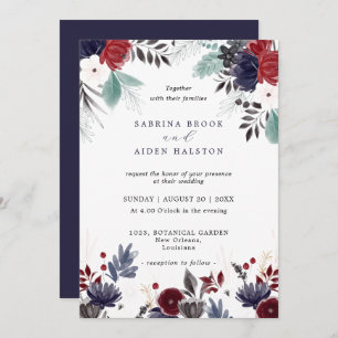 Navy Blue Burgundy Red Gothic Floral Wedding  Invitation